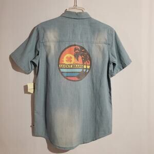 Lucky Brand NWT Pearl Snap Surfer Hawaiian Chambray Denim Shirt Kids Boys Size L